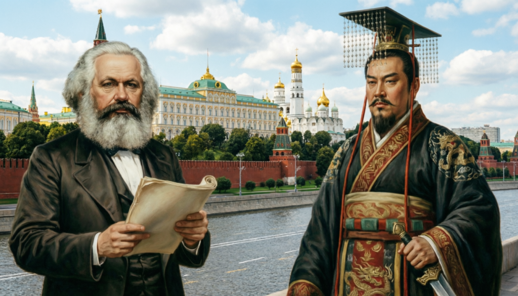 Карл Маркс и Цинь Шихуанди на фоне Кремля