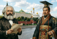 Карл Маркс и Цинь Шихуанди на фоне Кремля